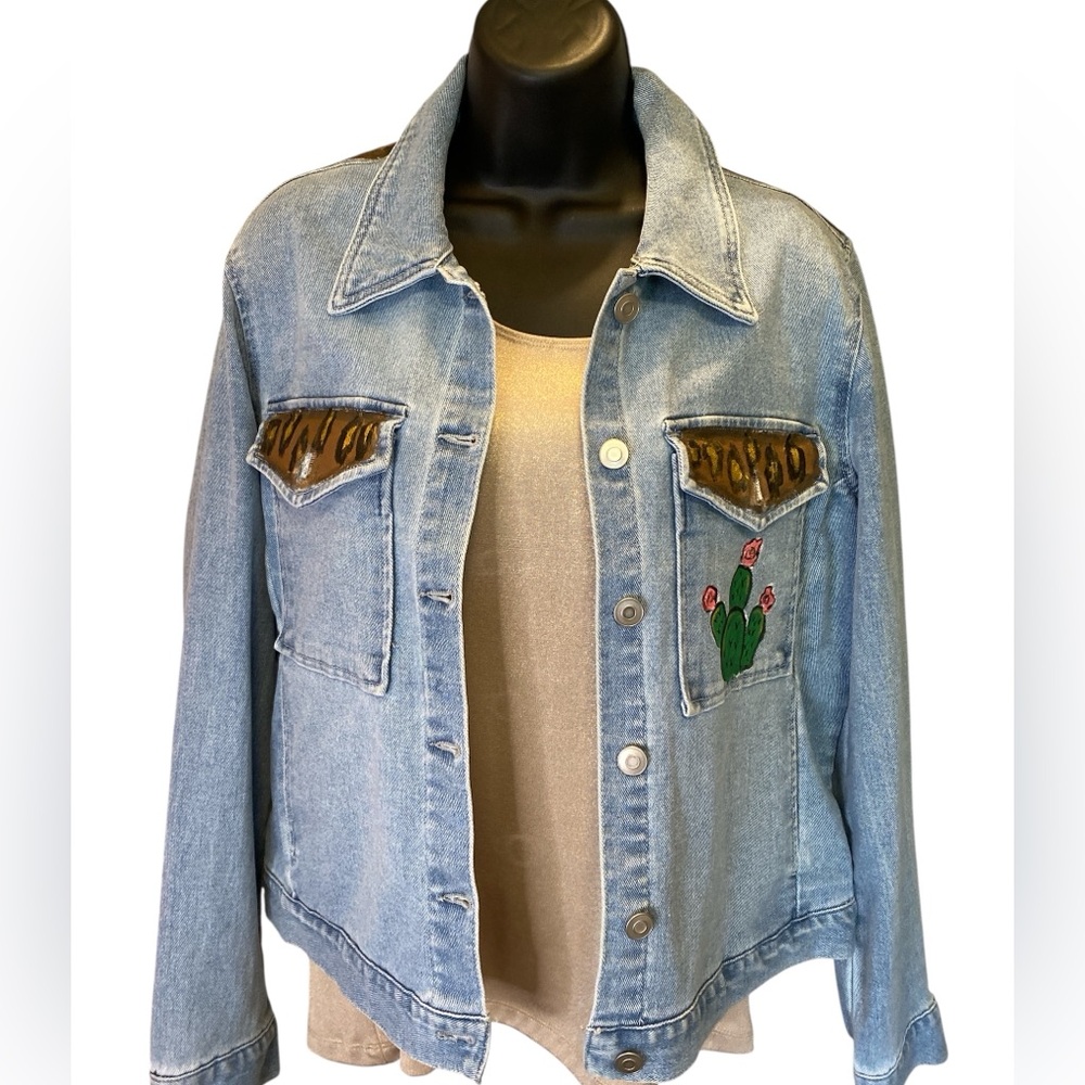 Hand-Painted Cactus Denim Jacket | Baccini Medium M | Leopard | One of a Kind - Picture 7 of 8
